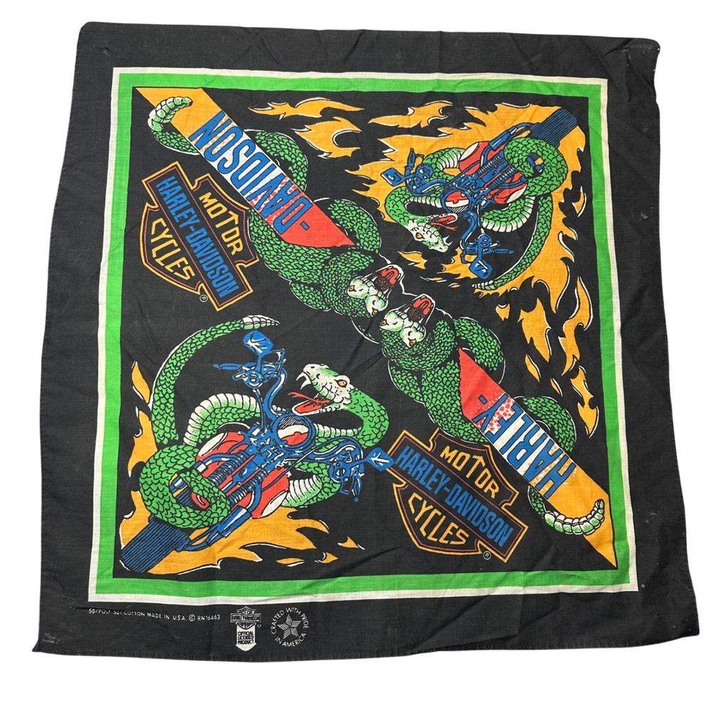 Vintage Harley Davidson Bandana Snake Motorcycle Biker Scarf Black Made in USA